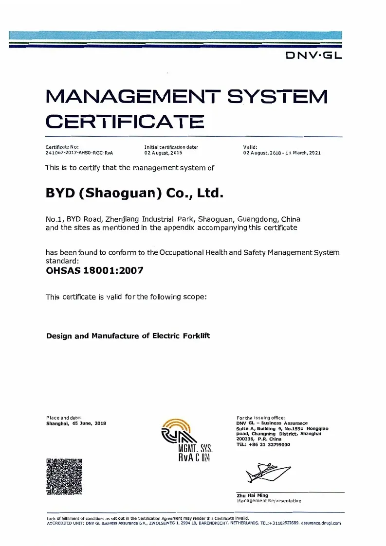 Zertifikat für Qualitätsmanagementsysteme - OHSAS18001: 2007