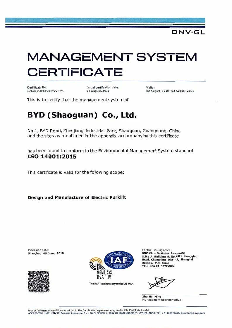 Zertifikat für Qualitätsmanagementsystem - ISO14001: 2015 (E
